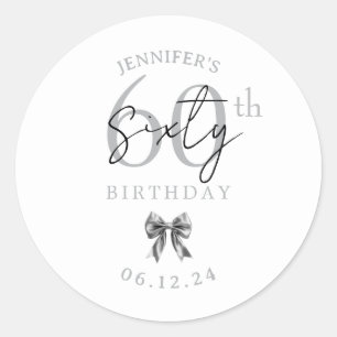 Elegant Silver Coquette Bow 60th Birthday Party Classic Round Sticker