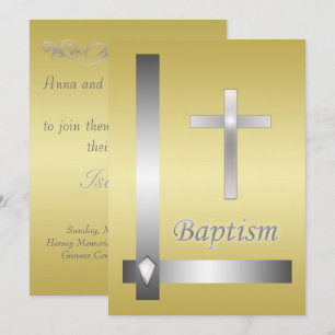 Elegant silver Cross Baptism Christening Invitation