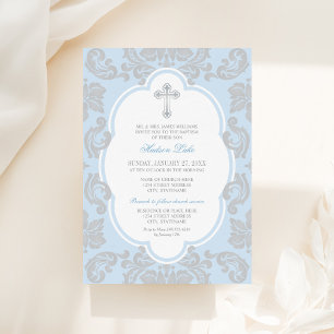Elegant Silver Cross Blue Damask Baby Boy Baptism Invitation