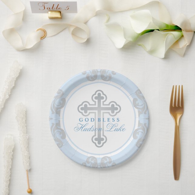 Elegant Silver Cross Blue Damask Baby Boy Baptism Paper Plate (Wedding)