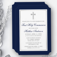 Elegant Silver Cross Blue First Communion