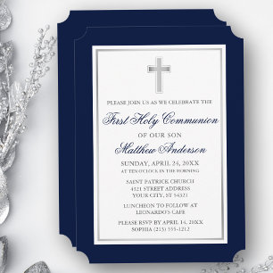 Elegant Silver Cross Blue First Communion Invitation