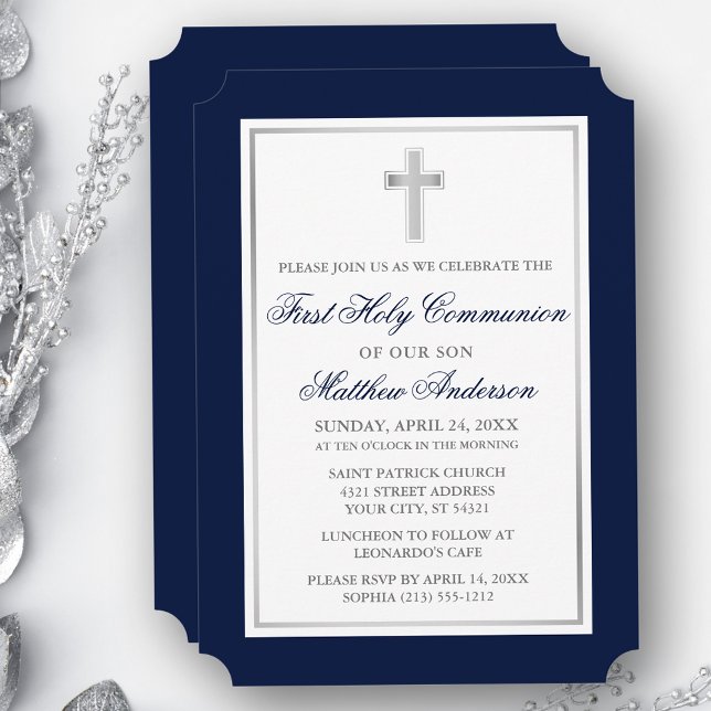 Elegant Silver Cross Blue First Communion Invitation (Customize to change text size, style, color or to add more text or photos to back of card.)