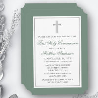 Elegant Silver Cross Sage Green First Communion