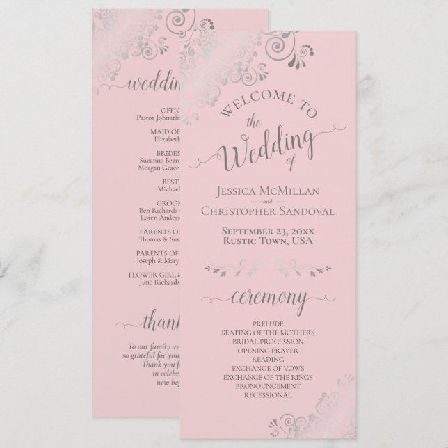 Elegant Silver Curls Blush Pink & Grey Wedding Program (Front/Back)