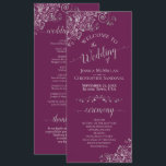 Elegant Silver Curls Cassis Purple Magenta Wedding Program<br><div class="desc">This beautiful wedding program features an elegant design with pale grey text on a cassis purple, magenta, or berry coloured background and lacy silver grey faux foil curls and swirls in the corners. The titles are written in fancy script calligraphy, and there is space for your ceremony and wedding party...</div>