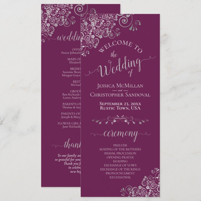 Elegant Silver Curls Cassis Purple Magenta Wedding Program (Front/Back)