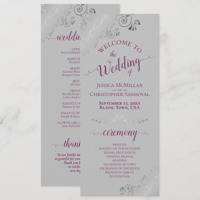Elegant Silver Curls Cassis Purple on Grey Wedding Program (Front/Back)