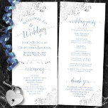 Elegant Silver Curls Dusty Blue on White Wedding Program<br><div class="desc">This beautiful wedding program features an elegant design with dusty blue text on a white background and lacy silver grey faux foil curls and swirls in the corners. The titles are written in fancy script calligraphy, and there is space for your ceremony and wedding party details, as well as a...</div>