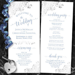 Elegant Silver Curls Dusty Blue on White Wedding Program
