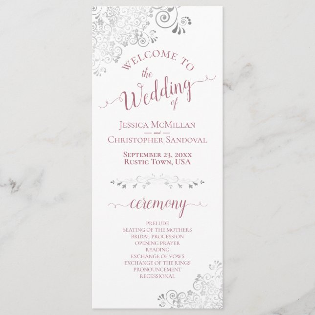 Elegant Silver Curls Dusty Rose on White Wedding Program (Front)