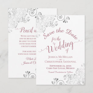 Elegant Silver Curls Dusty Rose on White Wedding Save The Date
