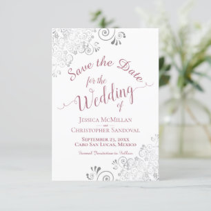 Elegant Silver Curls Dusty Rose on White Wedding Save The Date