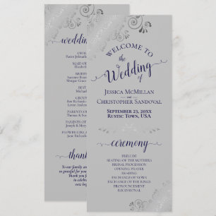 Elegant Silver Curls Navy Blue on Grey Wedding Program