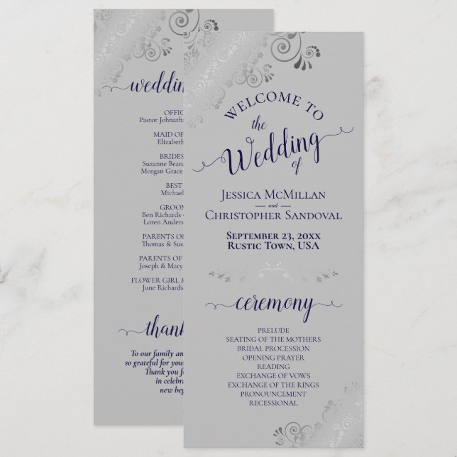 Elegant Silver Curls Navy Blue on Grey Wedding Program (Front/Back)
