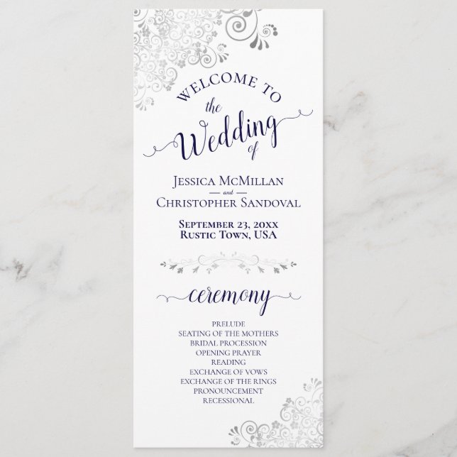 Elegant Silver Curls Navy Blue on White Wedding Program (Front)