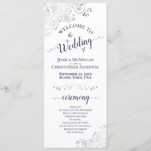 Elegant Silver Curls Navy Blue on White Wedding Program