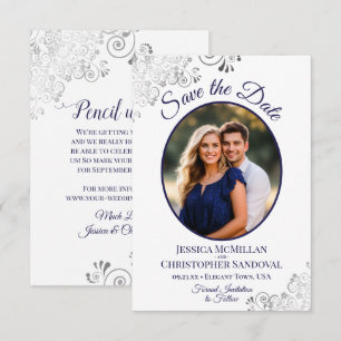 Elegant Silver Curls Navy Blue Photo White Wedding Save The Date