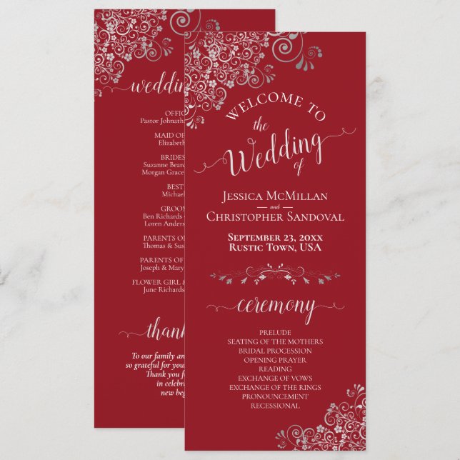 Elegant Silver Curls on Crimson Red Simple Wedding Program (Front/Back)