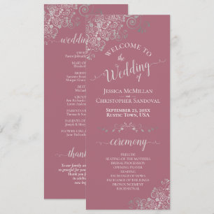 Elegant Silver Curls on Dusty Rose Simple Wedding Program