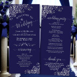 Elegant Silver Curls on Navy Blue Simple Wedding Program<br><div class="desc">This beautiful wedding program features an elegant design with pale grey text on a navy blue background and lacy silver grey faux foil curls and swirls in the corners. The titles are written in fancy script calligraphy, and there is space for your ceremony and wedding party details, as well as...</div>