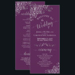 Elegant Silver Curls on Plum Purple Simple Wedding Program<br><div class="desc">This beautiful wedding program features an elegant design with pale grey text on a plum purple background and lacy silver grey faux foil curls and swirls in the corners. The titles are written in fancy script calligraphy, and there is space for your ceremony and wedding party details, as well as...</div>