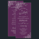 Elegant Silver Curls on Plum Purple Simple Wedding Program<br><div class="desc">This beautiful wedding program features an elegant design with pale grey text on a plum purple background and lacy silver grey faux foil curls and swirls in the corners. The titles are written in fancy script calligraphy, and there is space for your ceremony and wedding party details, as well as...</div>