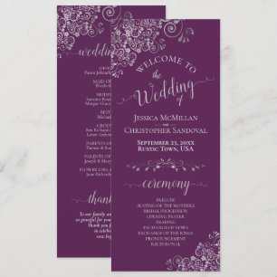 Elegant Silver Curls on Plum Purple Simple Wedding Program