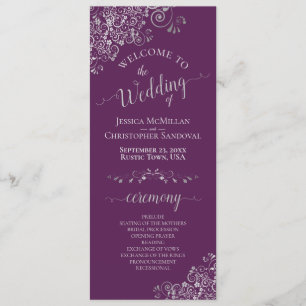 Elegant Silver Curls on Plum Purple Simple Wedding Program