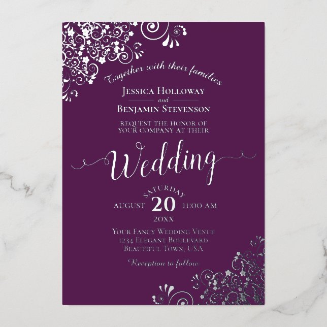 Elegant Silver Curls on Plum Purple Wedding (Front)