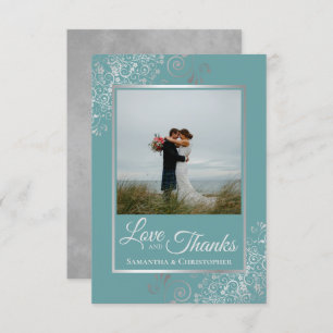 Elegant Silver Curls on Teal Love & Thanks Wedding Thank You Card