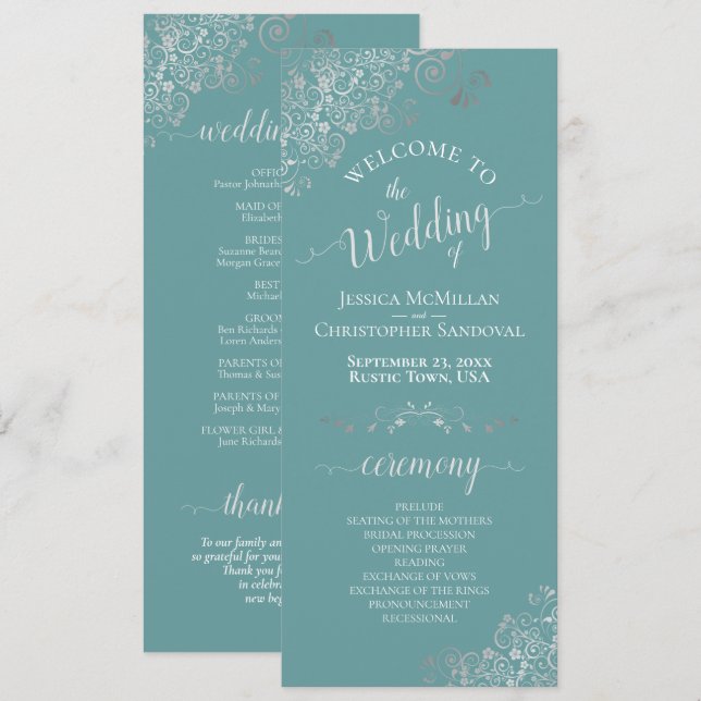 Elegant Silver Curls on Teal or Turquoise Wedding Program (Front/Back)