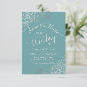 Elegant Silver Curls on Teal or Turquoise Wedding Save The Date
