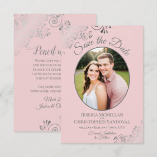 Elegant Silver Curls & Photo on Blush Pink Wedding Save The Date
