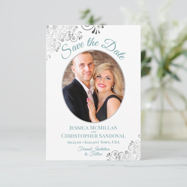 Elegant Silver Curls Photo Teal on White Wedding Save The Date (Standing Front)