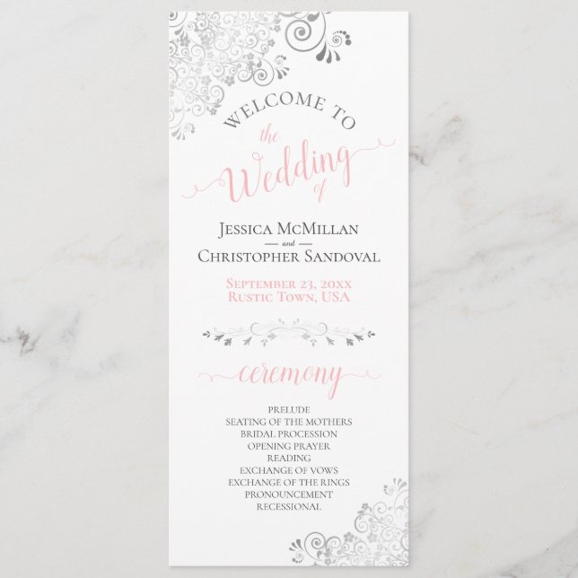 Elegant Silver Curls Pink & Grey on White Wedding Program (Front)