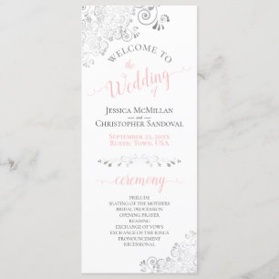 Elegant Silver Curls Pink & Grey on White Wedding Program