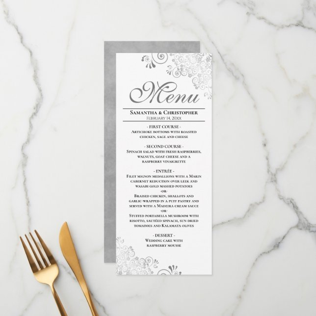 Elegant Silver Curls & Swirls on White Wedding Menu (Front/Back In Situ)