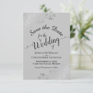 Elegant Silver Curly Swirls Black on Grey Wedding Save The Date