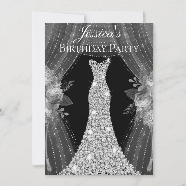 Elegant Silver Curtains Dress Birthday Party Invitation (Front)