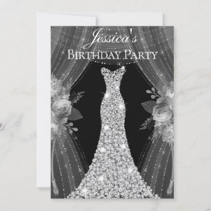 Elegant Silver Curtains Dress Birthday Party Invitation