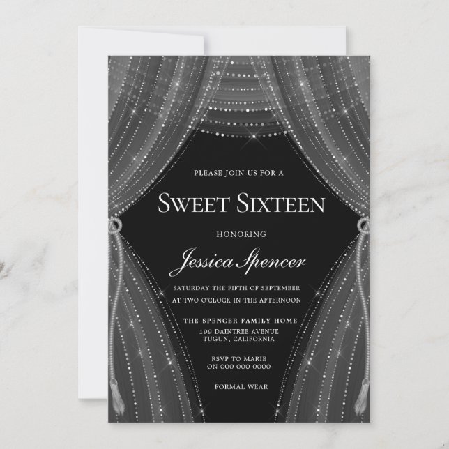 Elegant Silver Curtains Sweet 16 Invite (Front)