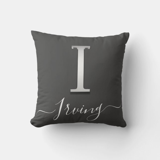 Elegant Silver Custom Monogram I Name Throw Pillow (Front)