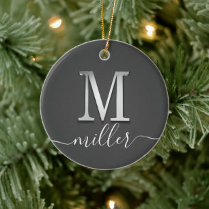 Elegant Silver Custom Monogram M Name Ceramic Ornament