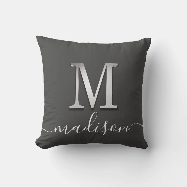 Elegant Silver Custom Monogram M Name Cushion (Front)