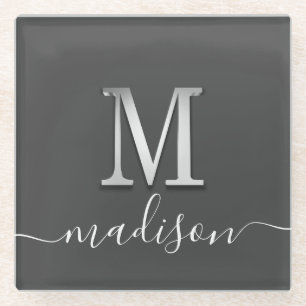 Elegant Silver Custom Monogram M Name Glass Coaster