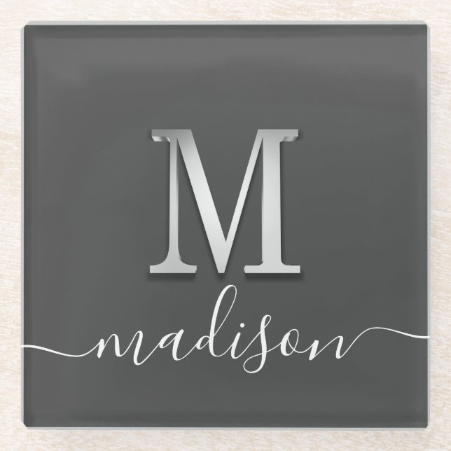 Elegant Silver Custom Monogram M Name Glass Coaster (Front)