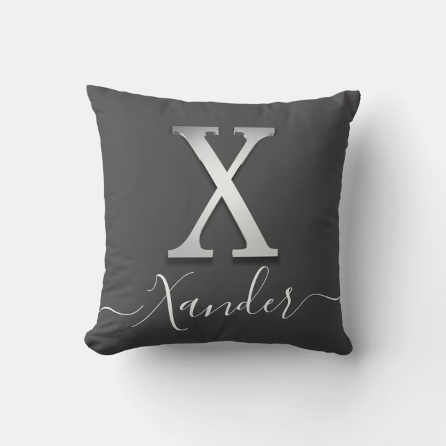 Elegant Silver Custom Monogram X Name Throw Pillow (Front)