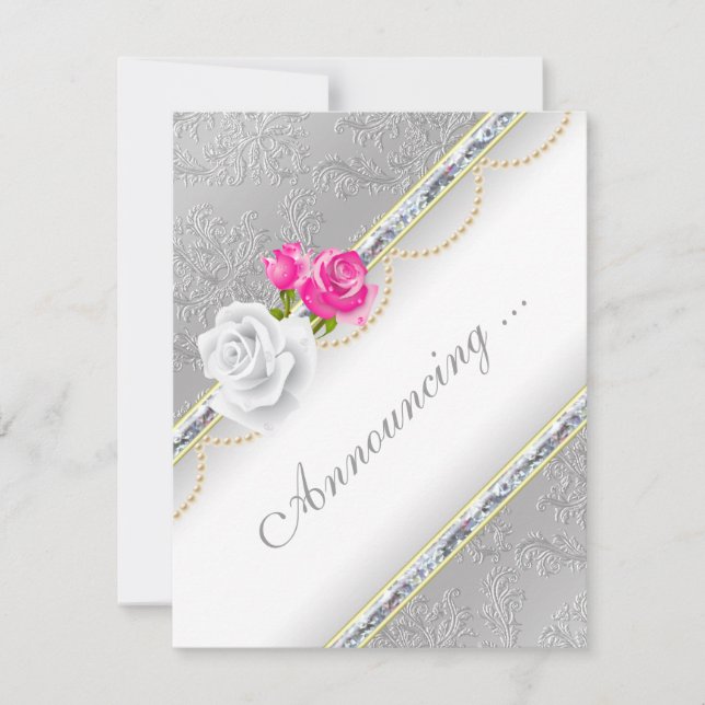 Elegant Silver Damask and Pink Rose Engagement Announcement (Front)