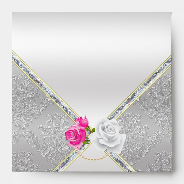 Elegant Silver Damask and Pink Rose Envelope (Front)